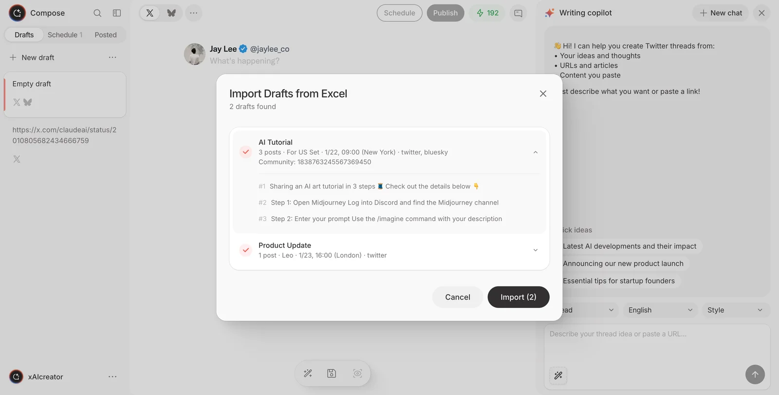 xAIcreator batch import interface showing Excel template options with Social Set selection, timezone settings, and scheduling preferences