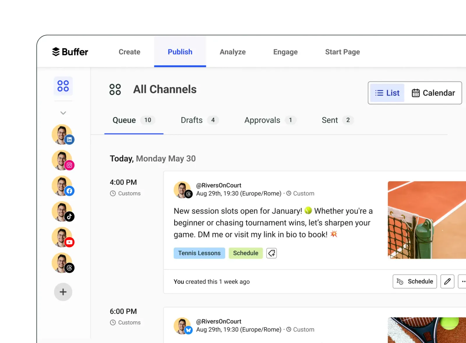 Buffer social media scheduler dashboard showing scheduled posts queue and publishing calendar