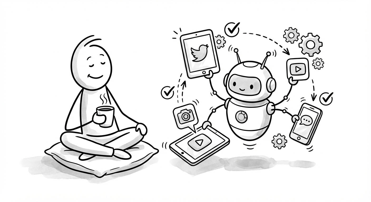 Stick figure relaxing while robot assistant manages multiple social media screens