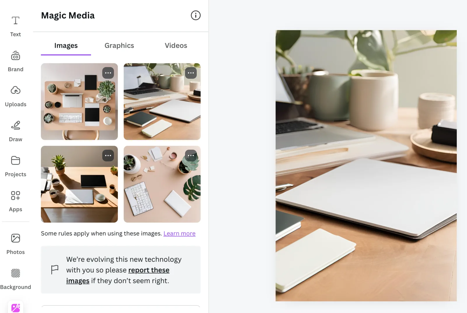 Canva Magic Media text-to-image AI generator interface showing prompt input and style options