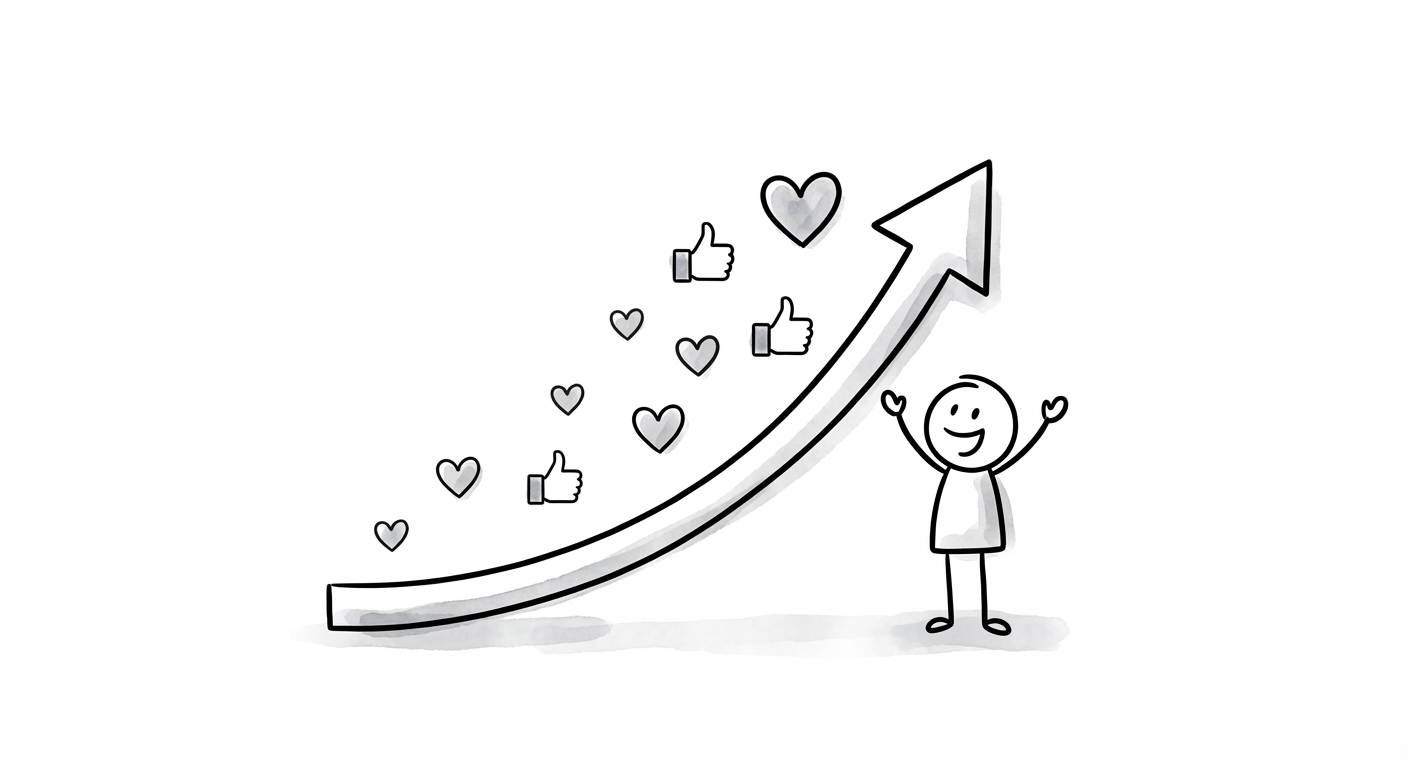 Bar chart showing upward trending engagement with thumbs up and heart icons floating above