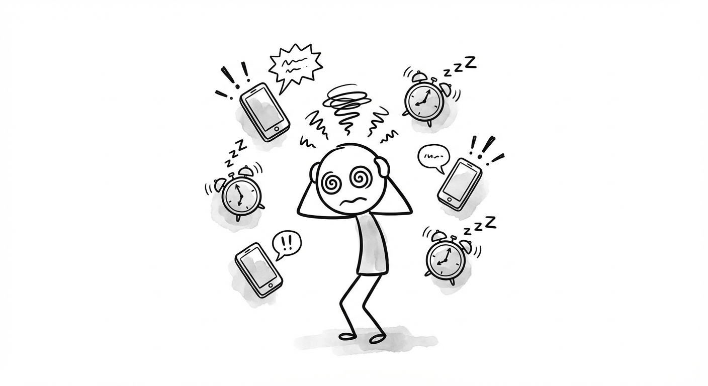 Stick figure overwhelmed by multiple social media notifications and clocks representing manual posting chaos