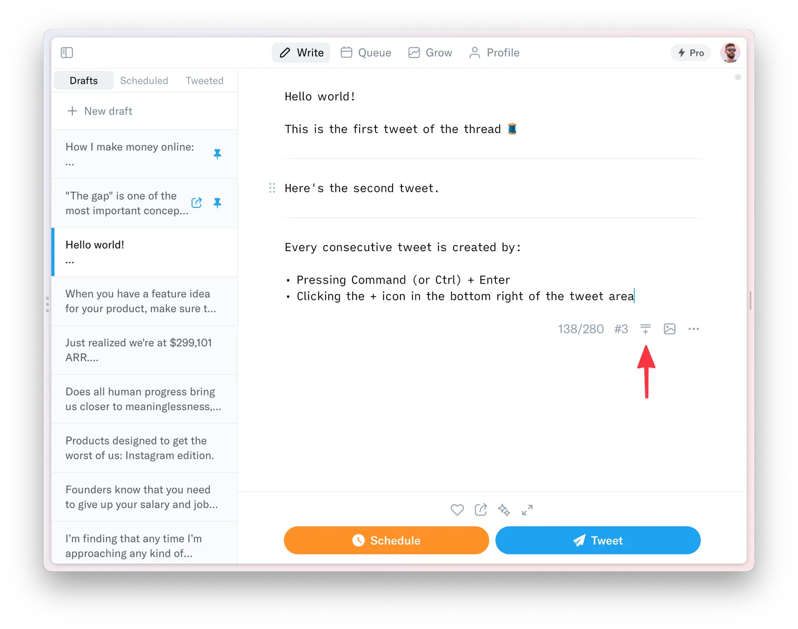 Typefully thread editor interface showing tweet composition with character count and thread preview