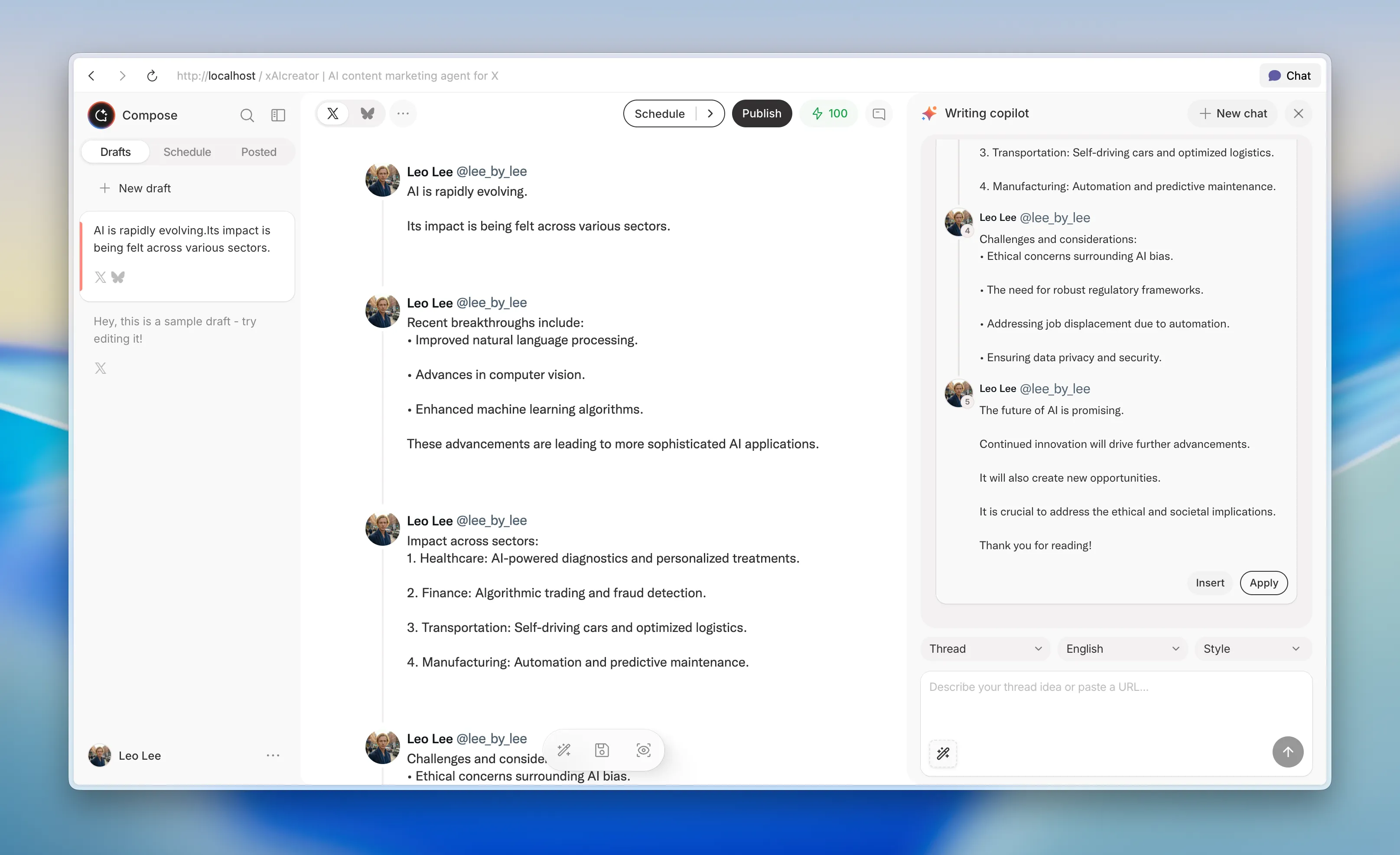 xAIcreator compose interface with AI writing assistant showing tweet suggestions and content generation