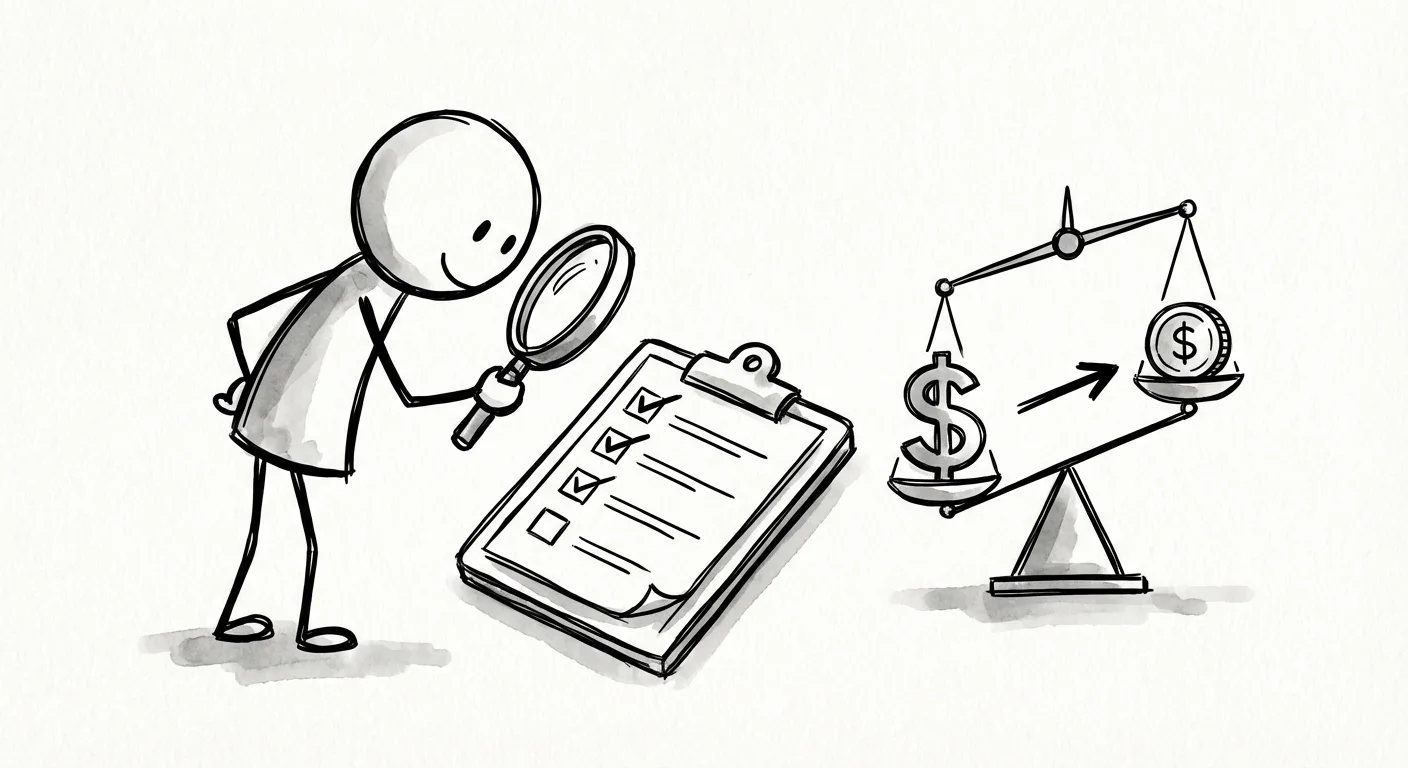 Person comparing pricing options with magnifying glass and checklist