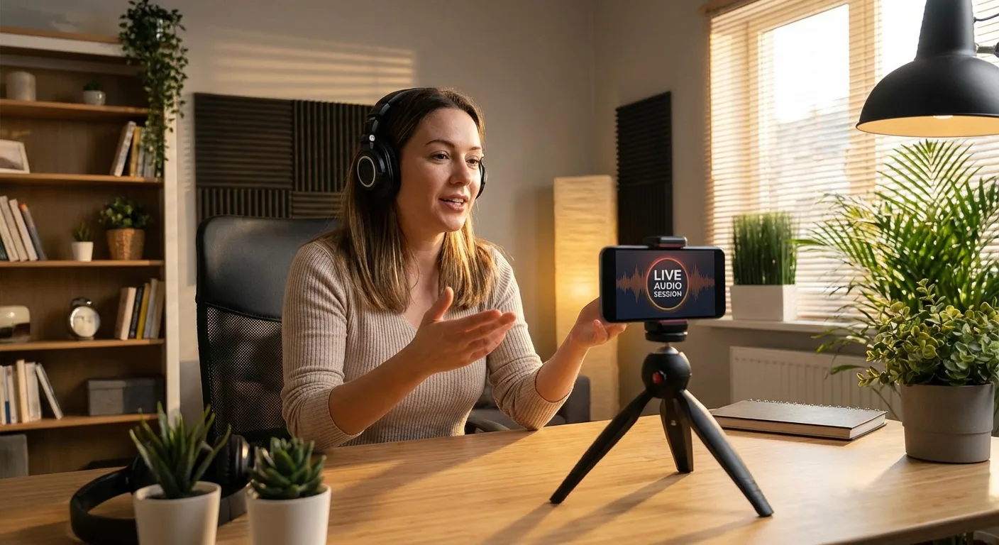 Content creator speaking into smartphone during live Twitter Spaces audio session in modern home office