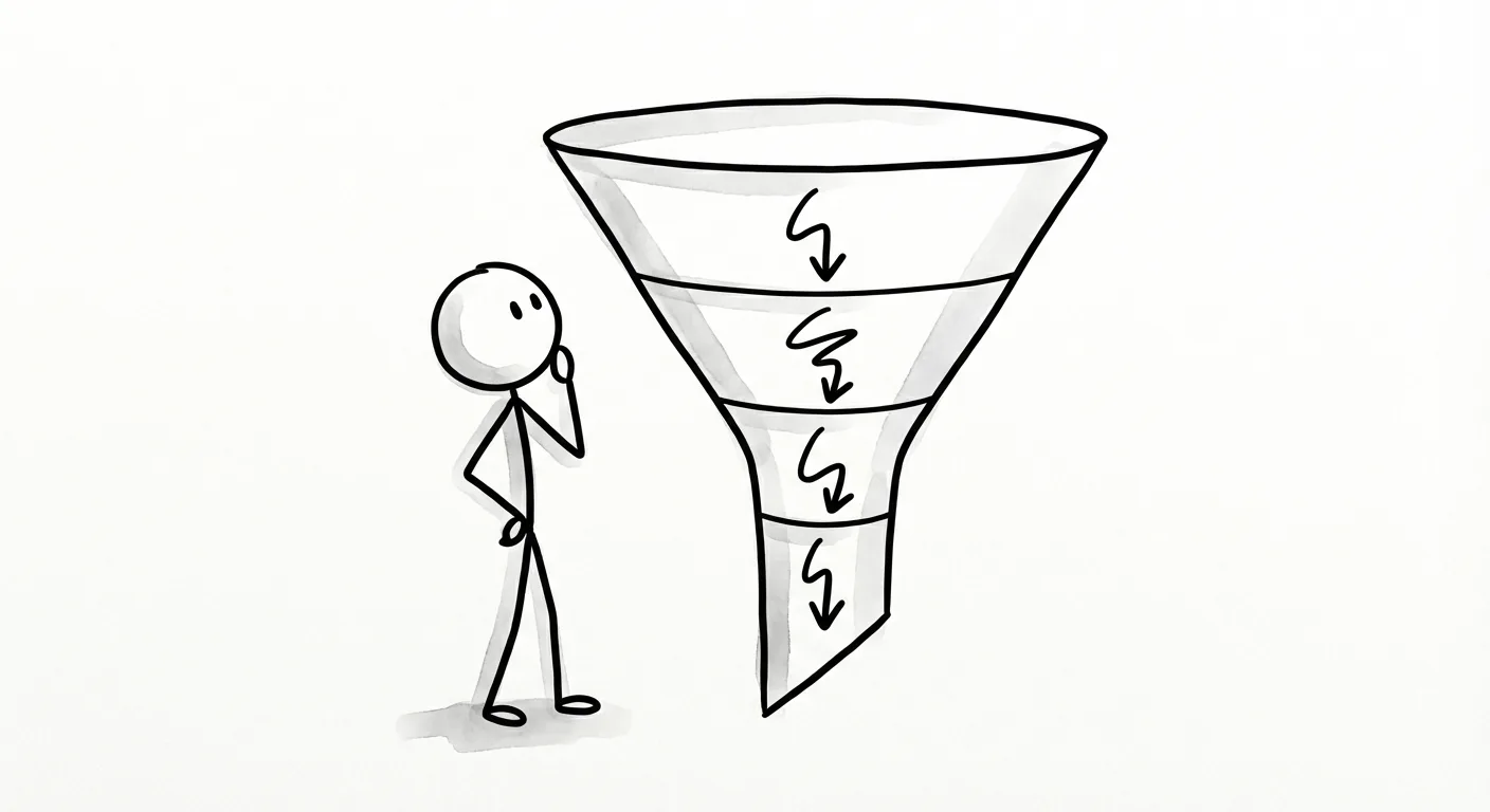 Illustration showing posts filtering through algorithm stages from candidate sourcing to final ranking