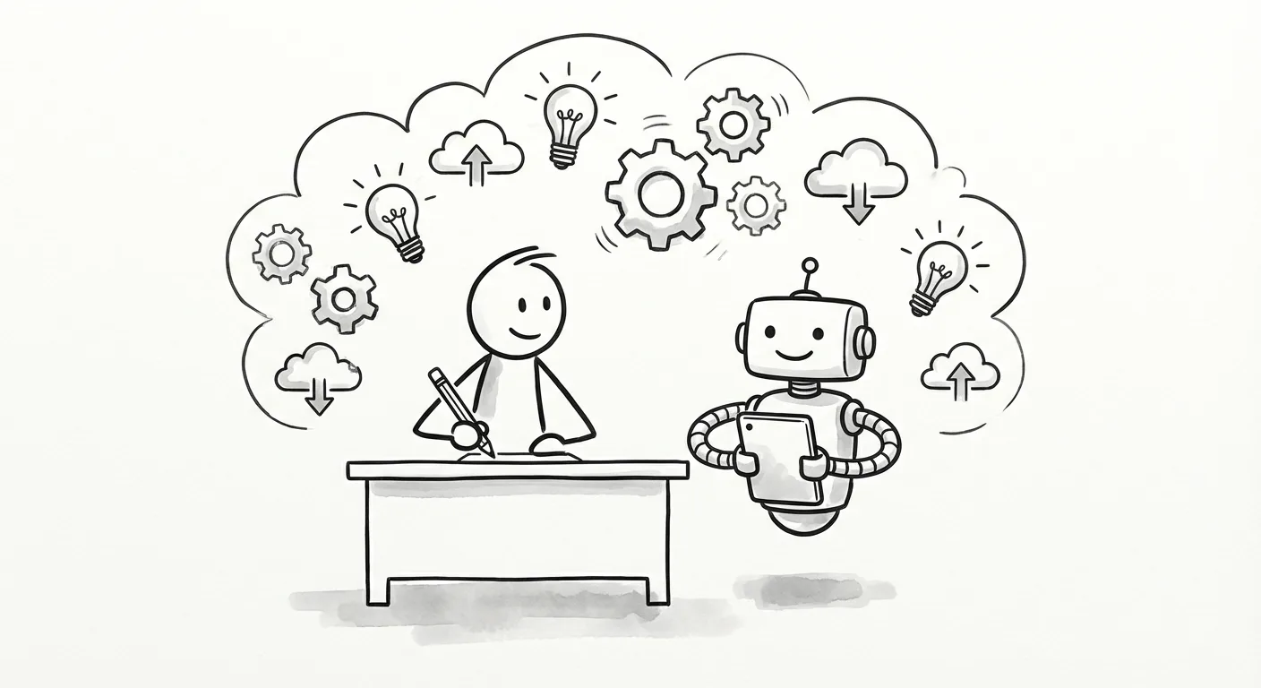 Person collaborating with AI assistant surrounded by ideas and digital tools