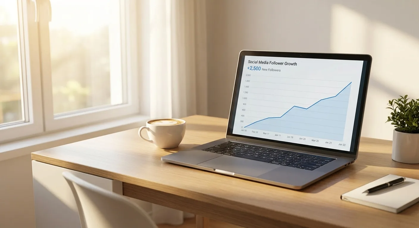 Social media growth analytics chart on laptop screen showing follower increase over time