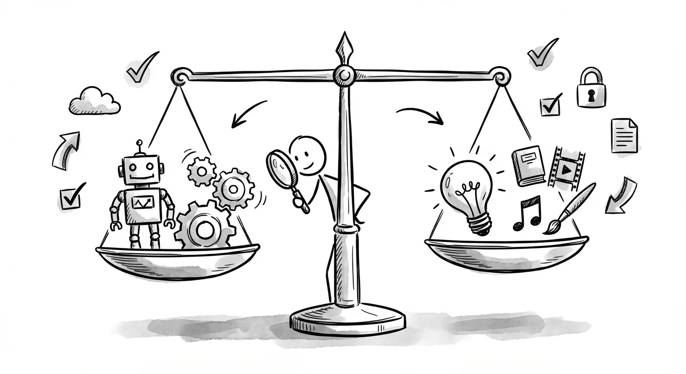 Balance scale comparing automation features with gears against creative content generation with lightbulbs