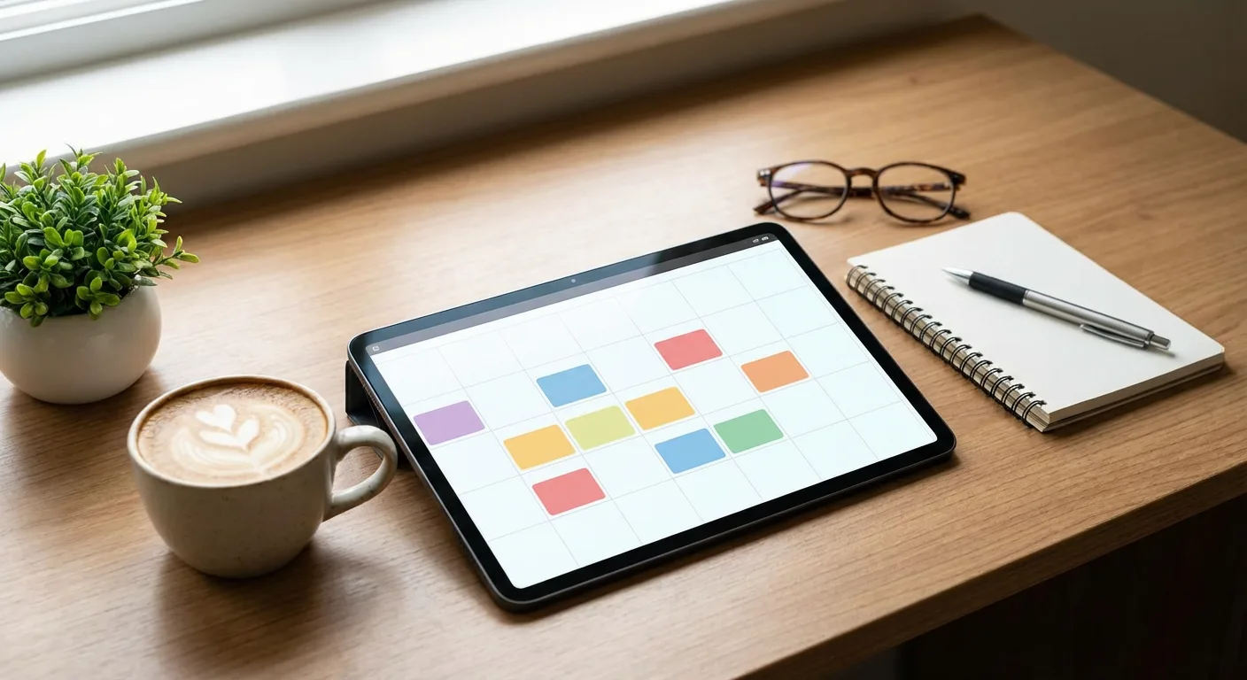 Tablet displaying social media calendar with scheduled posts on desk