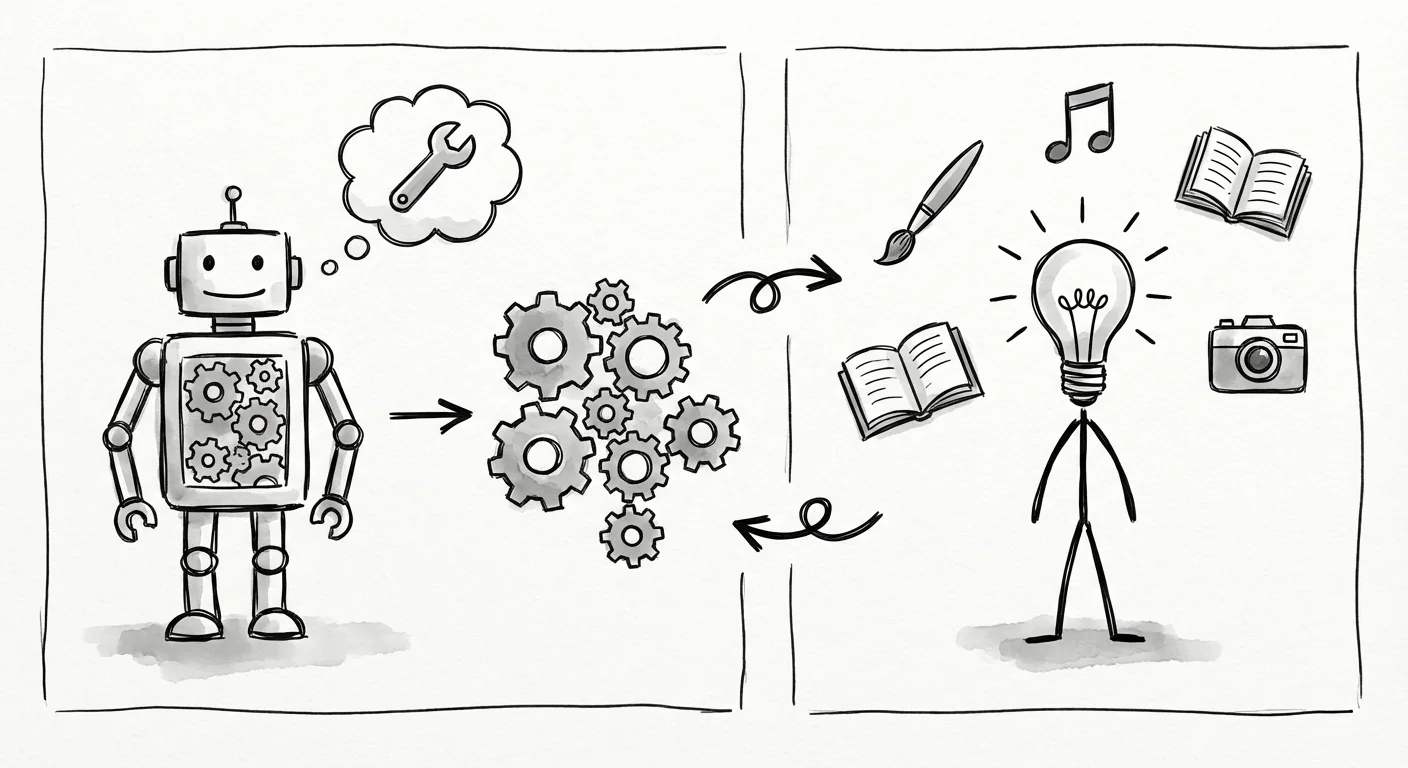 Illustration comparing automation tools with robots and gears versus creative AI content generation with lightbulbs and icons