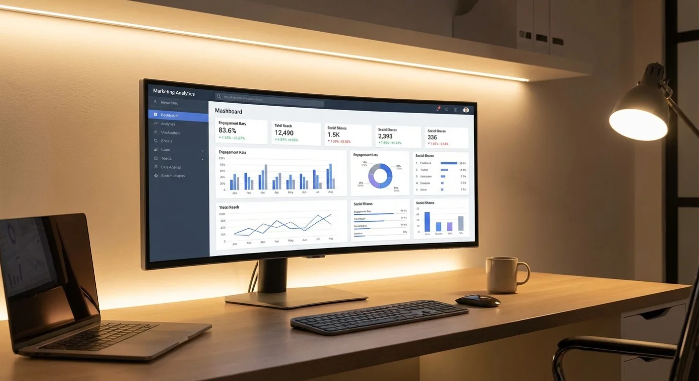 Marketing analytics dashboard showing engagement metrics and data visualization charts on large monitor screen