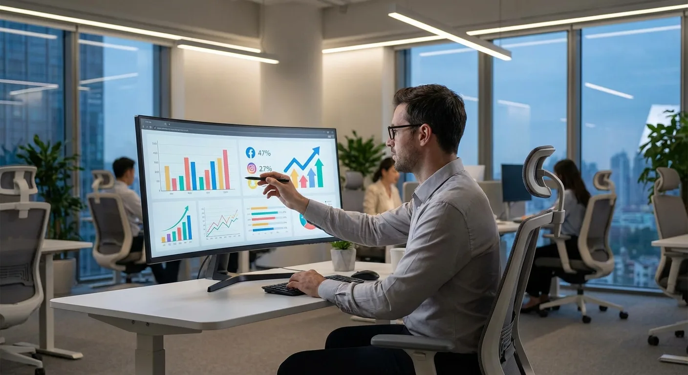 Business performance charts and growth metrics displayed on computer screen with professional analyzing data