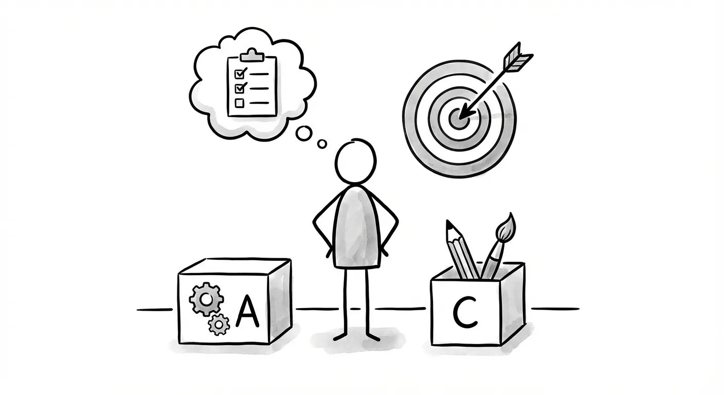 Content creator evaluating different toolboxes with automation and creative options to achieve their goals