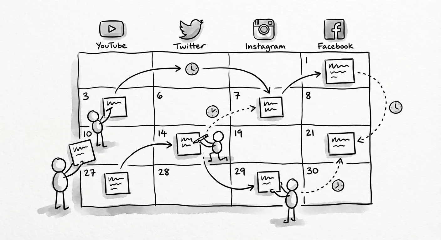 Visual calendar interface showing scheduled posts across multiple social media platforms