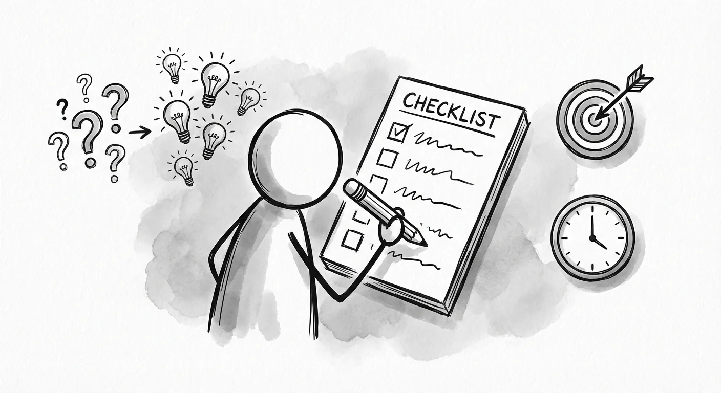 Strategy checklist with lightbulb, target and clock icons representing content optimization