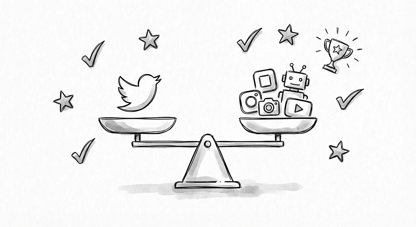 Balance scale comparing features between TweetHunter and xAIcreator social media tools