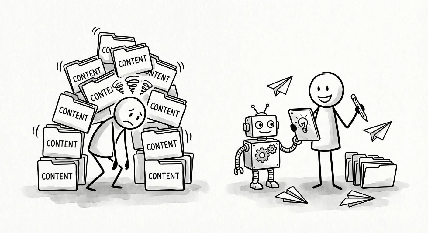 Comparison: overwhelmed person with content folders vs calm person with AI assistant