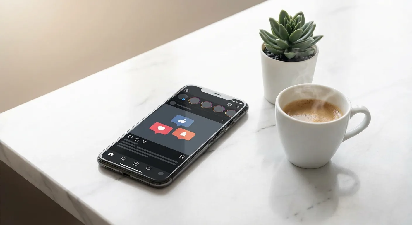Smartphone showing social media management app on clean desk