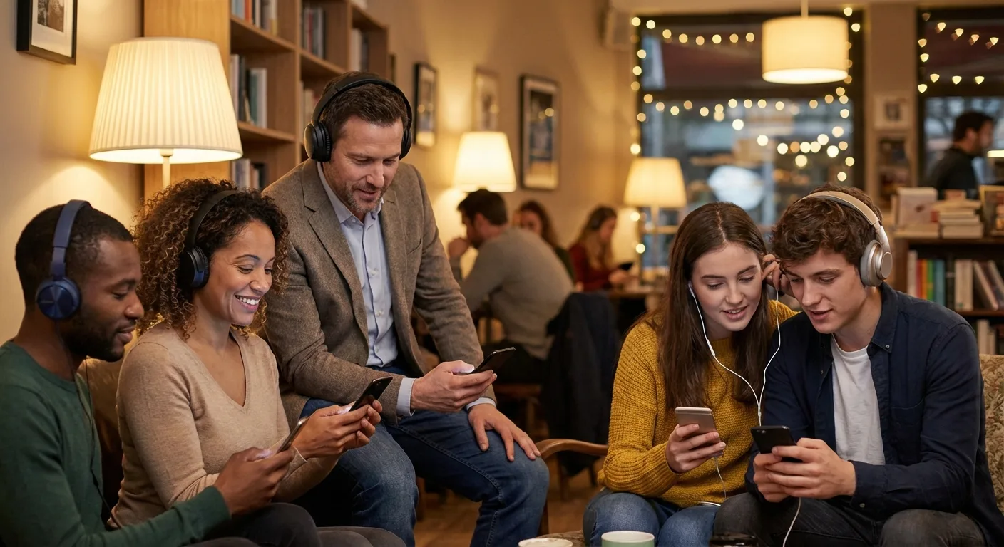Multiple people listening to audio stream on smartphones, engaged audience consuming content