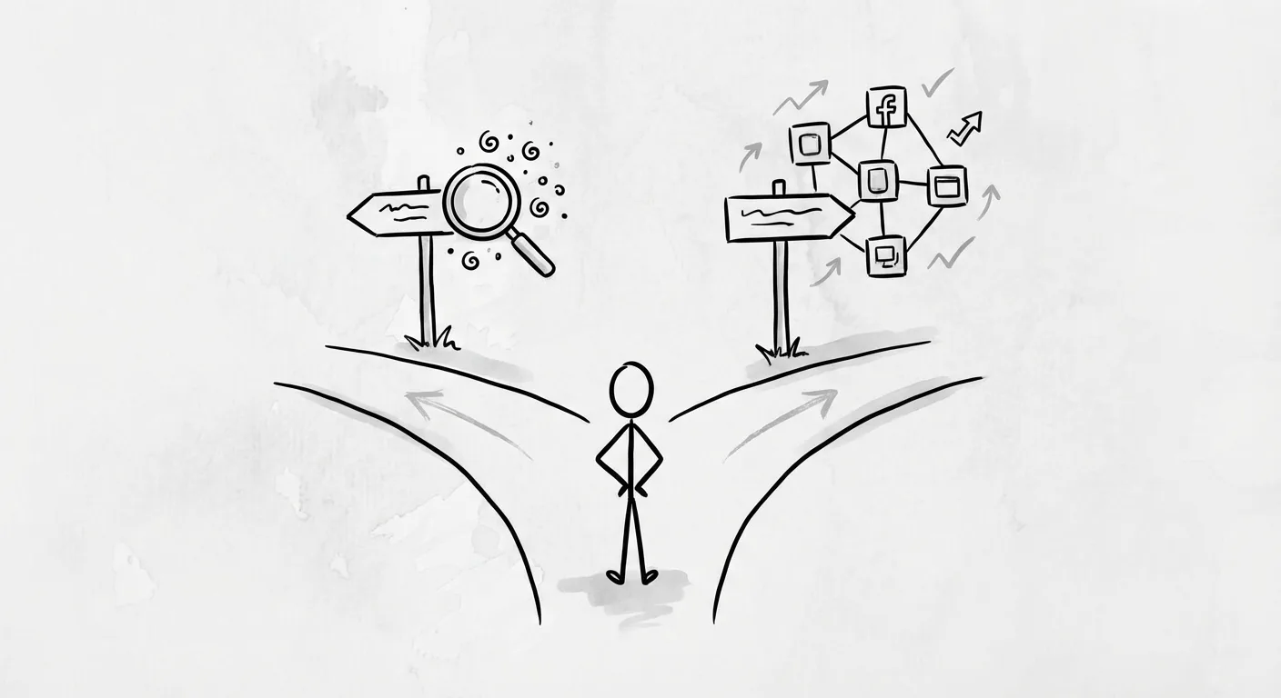 Hand-drawn illustration comparing viral content hunting versus multi-platform social media management strategies