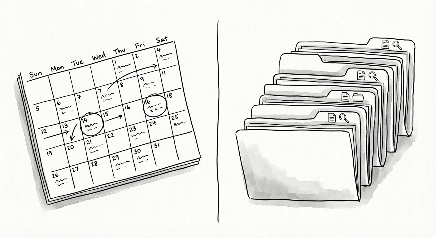 Side-by-side comparison of calendar grid view versus organized folder category system