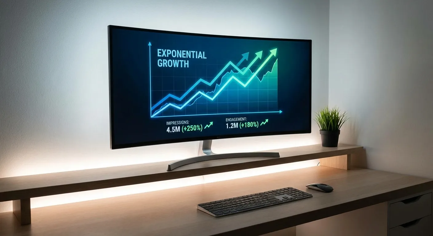 显示器上的分析仪表板显示曝光和互动指标上升的指数增长图表