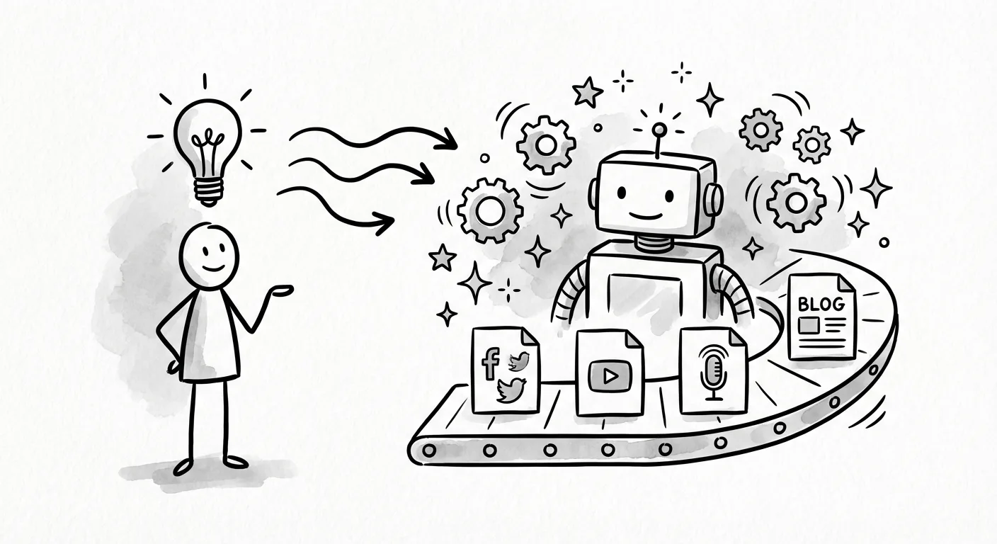 AI-powered content generation workflow transforming ideas into multi-platform social media posts