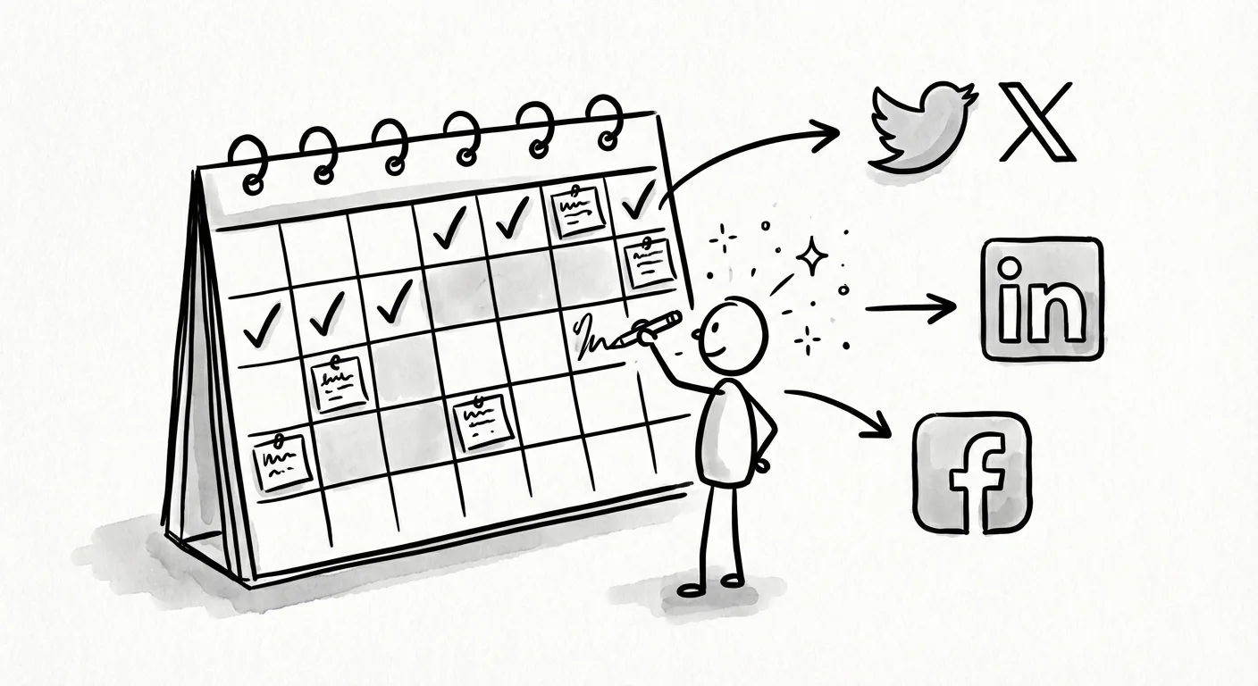 Content calendar with scheduled posts across multiple social media platforms including Twitter, LinkedIn, and Facebook