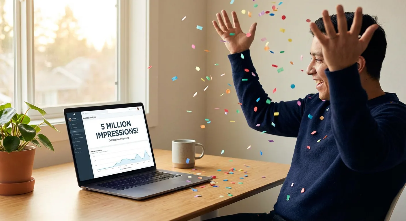 一个人在桌前庆祝成功，笔记本电脑显示社交媒体里程碑成就，带有庆祝元素