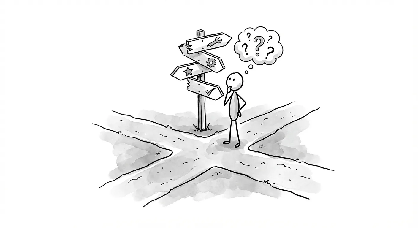 Hand-drawn illustration of stick figure at crossroads with signpost pointing different directions