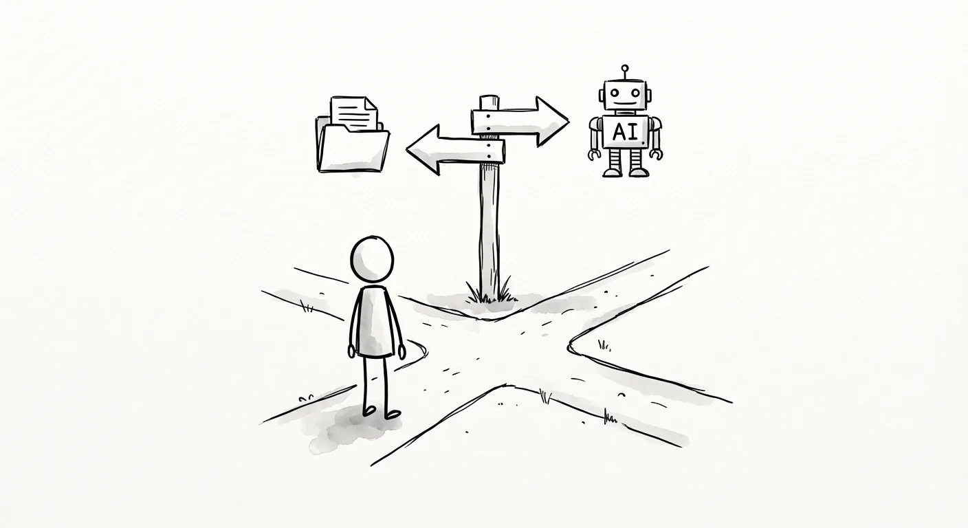 Person at crossroads choosing between organized folders path and AI assistant path