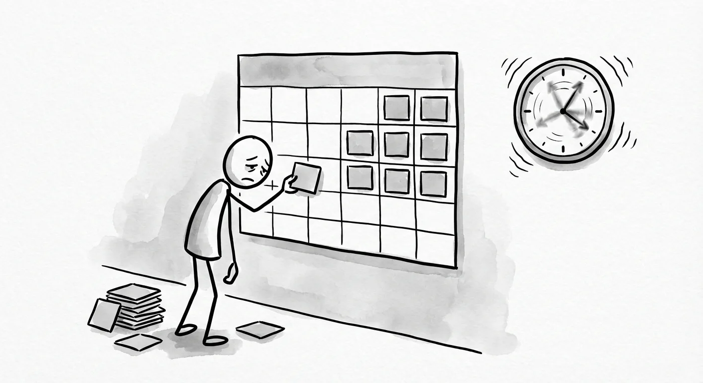 Stick figure manually adding social media posts one by one to calendar, showing time-consuming manual process