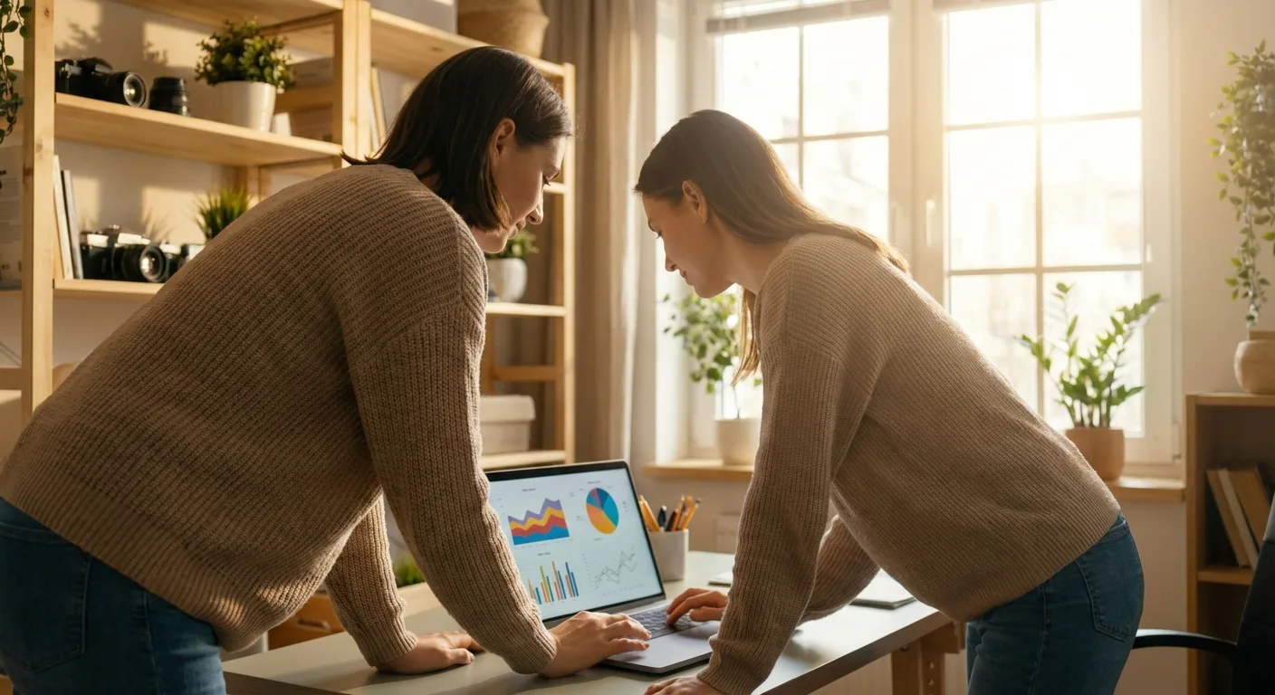 Content creator analyzing social media engagement metrics on laptop in modern home office with warm lighting