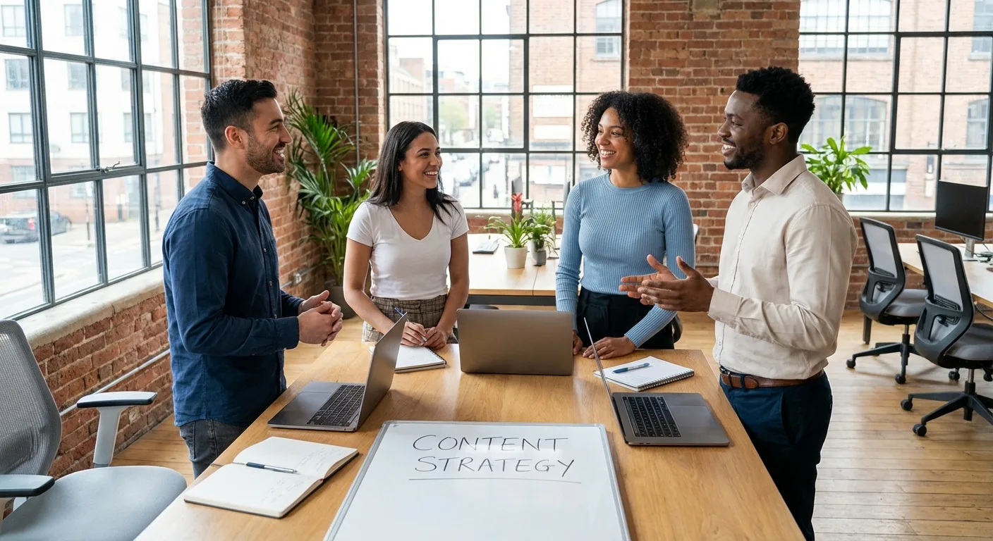 Marketing team collaborating around laptops discussing content strategy in modern open office
