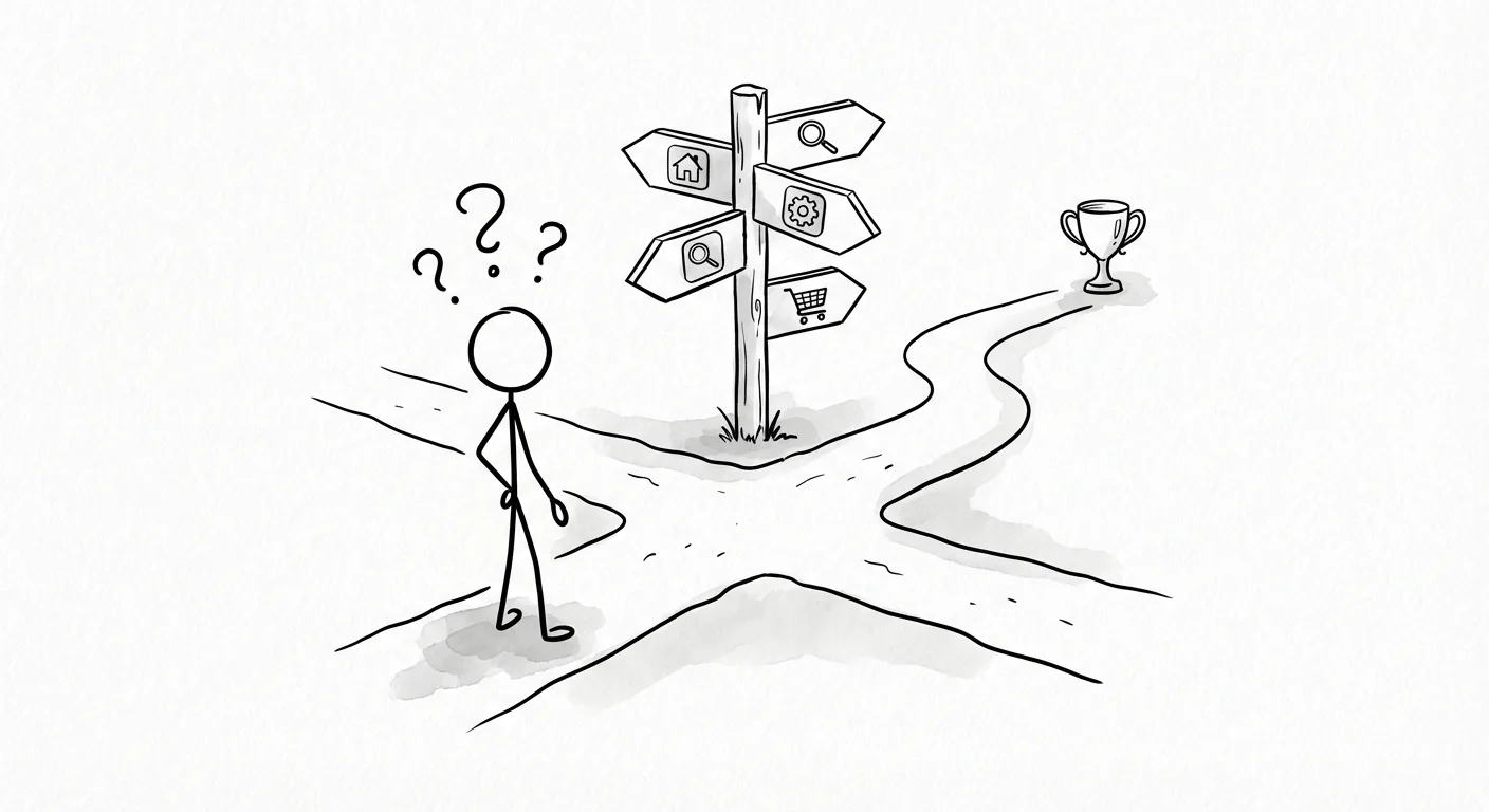 Stick figure at crossroads choosing between different social media management tools