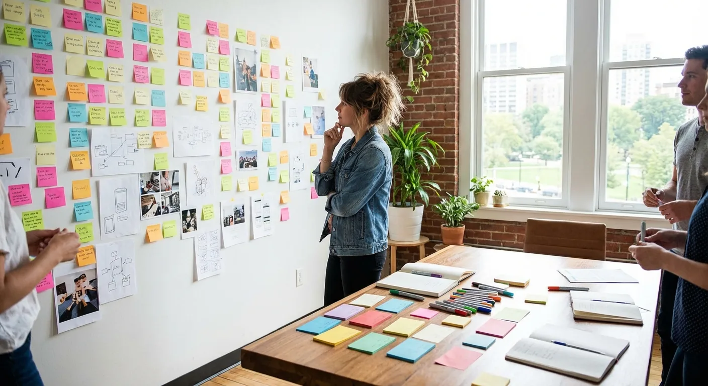 Creative brainstorming session with colorful sticky notes on wall showing idea generation process