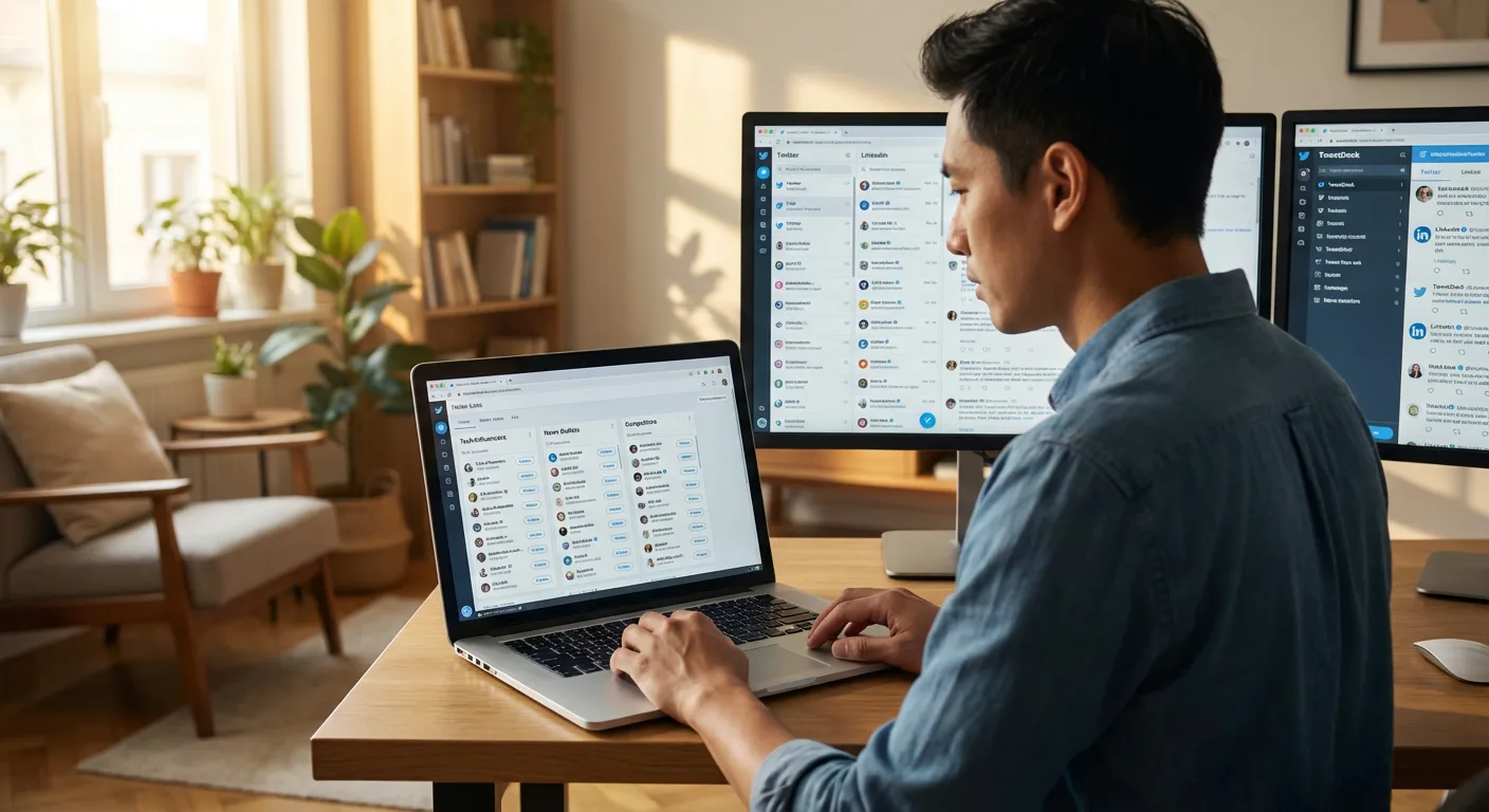 内容创作者在笔记本电脑上组织 Twitter 列表，屏幕显示多个社交媒体栏目