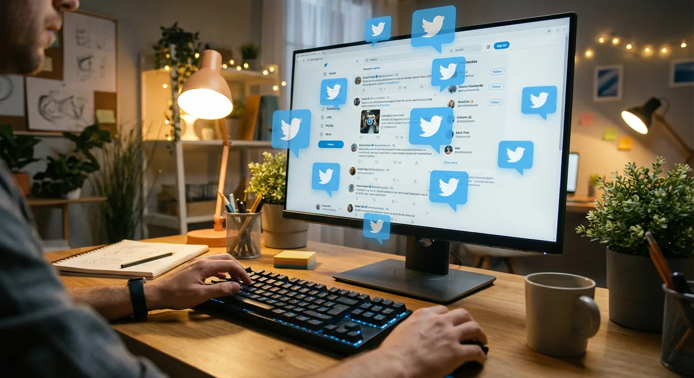 一个人在键盘上快速打字，屏幕上漂浮着多个 Twitter 通知气泡显示互动数据