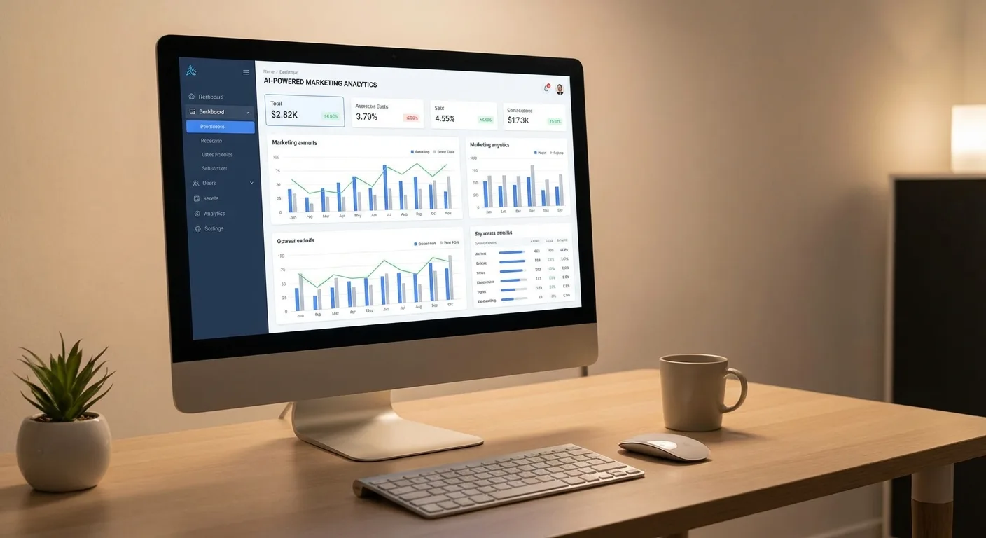 Computer screen displaying AI-powered marketing analytics and performance metrics dashboard