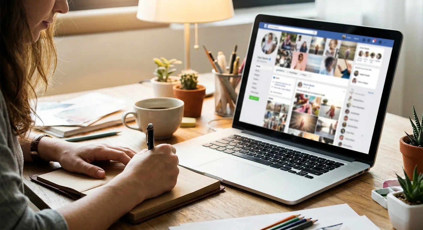 Person writing notes in notebook with laptop showing social media feed in creative workspace