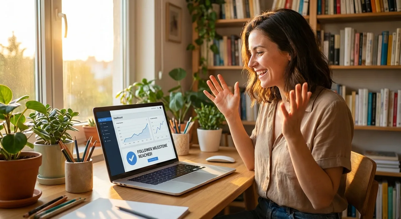 Creator celebrating growth success on podium with rising engagement metrics and social media icons