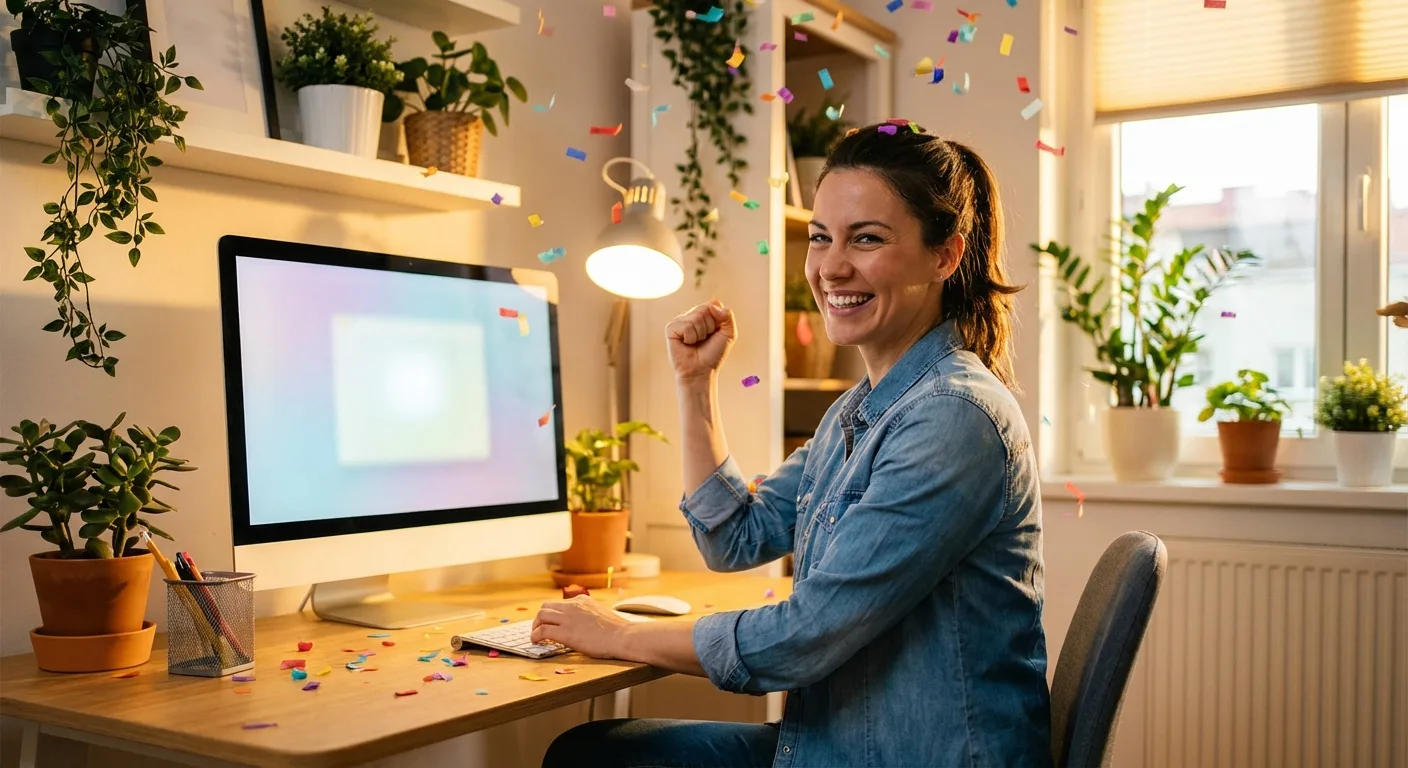 Content creator celebrating social media milestone achievement looking at phone screen with excitement