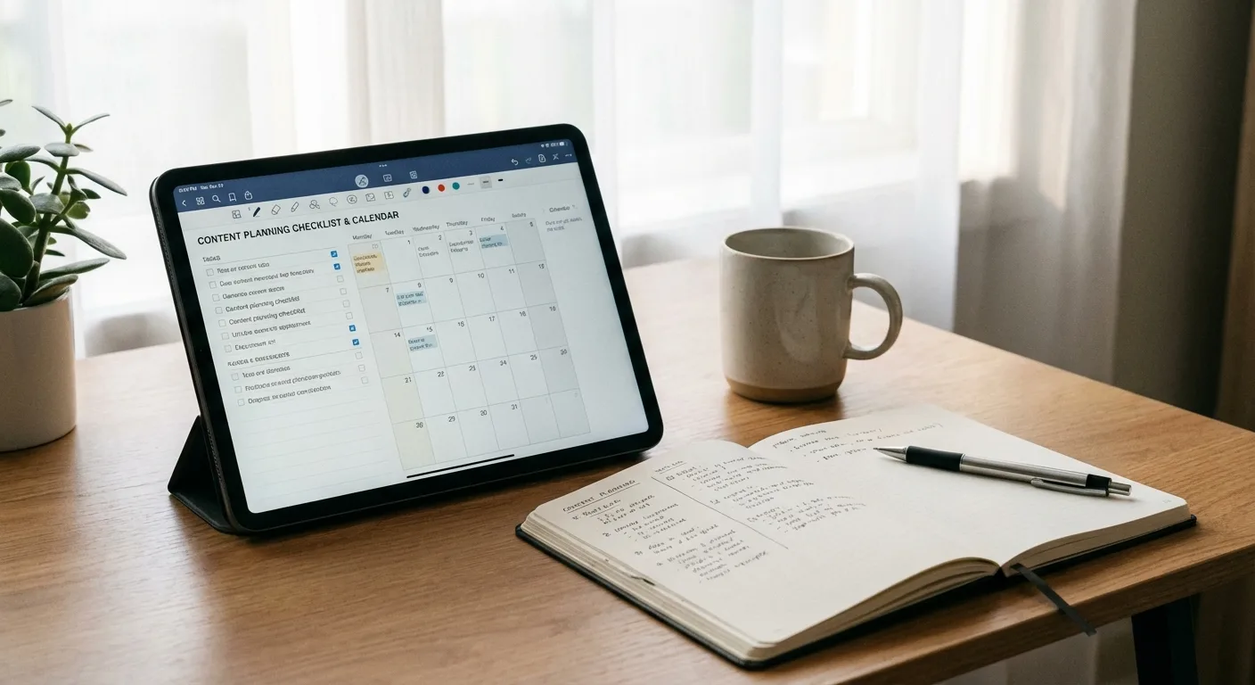 Content planning checklist and calendar on tablet screen with notebook for organizing marketing tasks