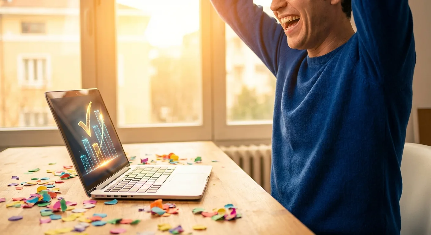 Person celebrating at desk with arms raised showing achievement and success moment