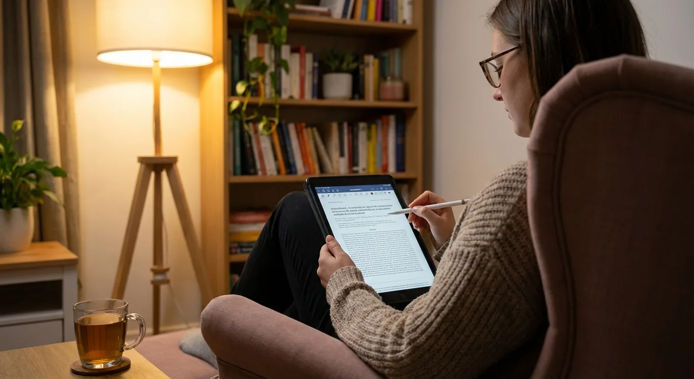 Professional reading content on tablet device in cozy corner with bookshelf background