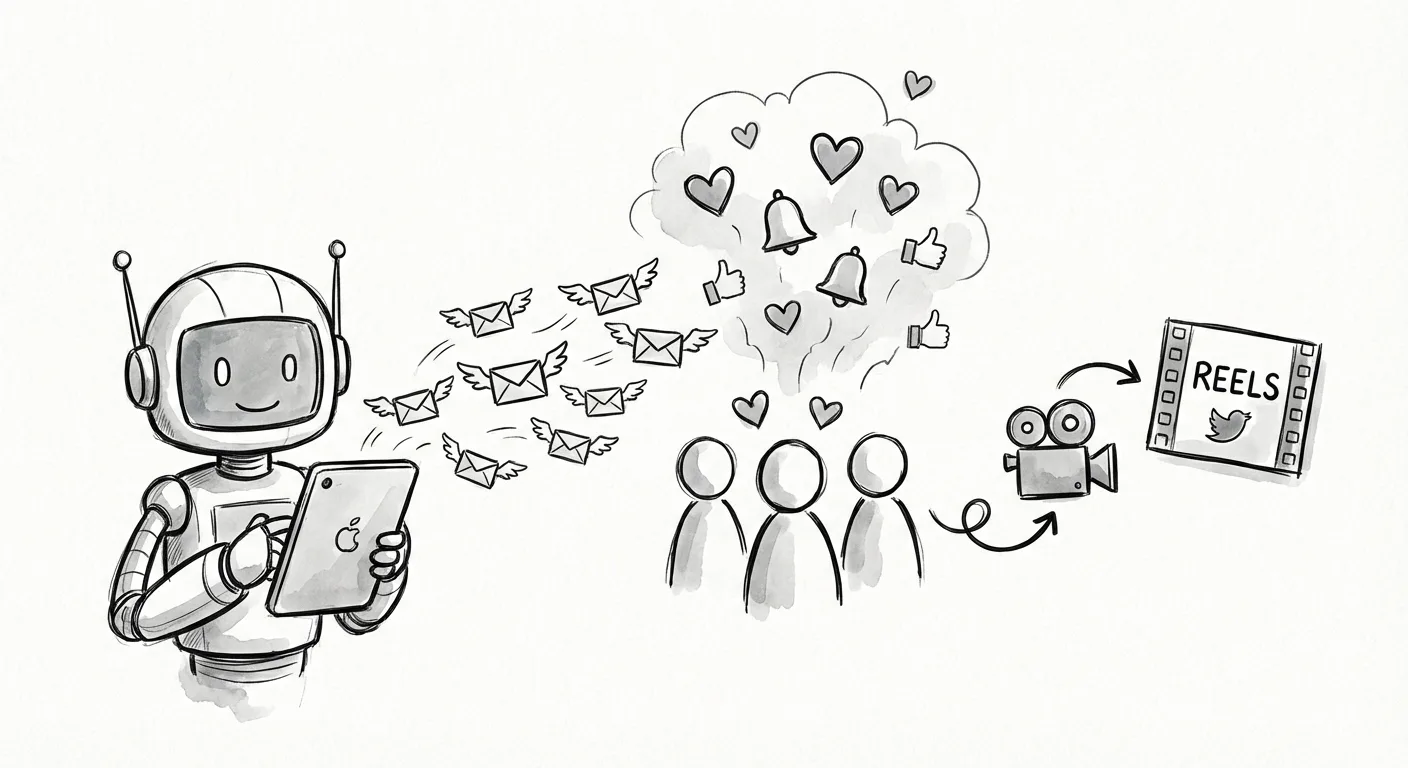 Robot assistant sending automated DM messages with engagement notifications and tweet-to-reels transformation